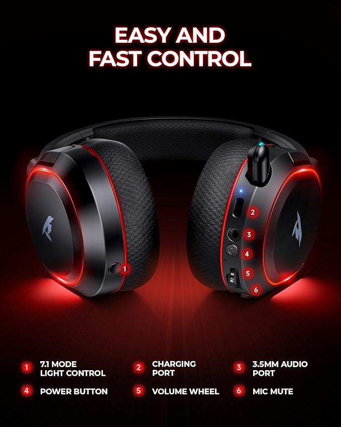 Wireless Gaming Headset, 7.1 Surround Sound, 2.4Ghz USB Gaming Headphones Bluetooth 5.4, 100-Hr Noise Canceling Mic RGB Light, Wireless Headset for PC PS5 PS4 Mac Switch, ONLY Wired Mode Suit for Xbox