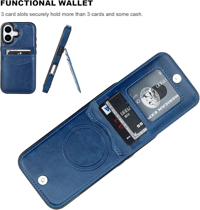 KIHUWEY for iPhone 17 Case Wallet Compatible with MagSafe Wireless Charging, Credit Card Holder, RFID Flip Leather Magnetic Clasp Kickstand Heavy Duty Protective Cover 6.3 Inch (Blue)
