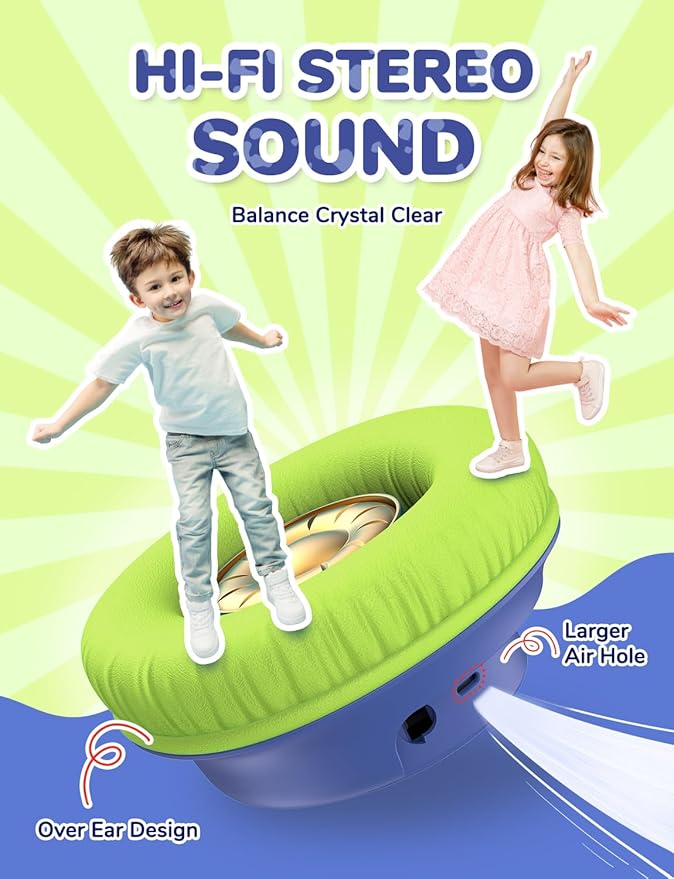 iClever Kids Bluetooth Headphones with LED Lights, BTH18 Safe Volume 74/85 dBA, 43H Playtime, Bluetooth5.3 Kids Headphones Wireless Aux Cord for iPad/Tablet/Travel/School, Green/Blue