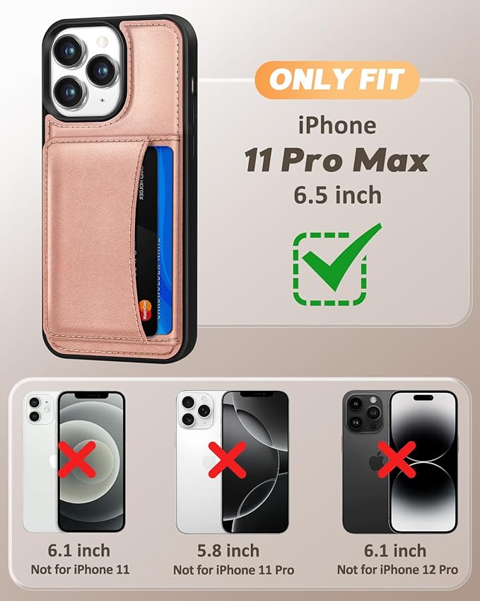 for iPhone 11 Pro Max Case with Wallet - Fits 4 Card Slots, Compatible with MagSafe for Women Aesthetic PU Leather Credit Card Holder Kickstand Phone Cover for Apple 11 Promax, Rose Gold