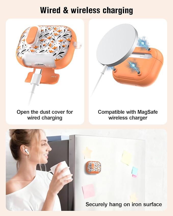 TATOFY for AirPod Pro 3 Case (2025) with Phone Stand Lanyard Lock Cleaning Kit, Compatible with Magsafe, Flowers Hard AirPods Pro 3rd Generation Cover for Women (Orange, AirPods Pro 3)
