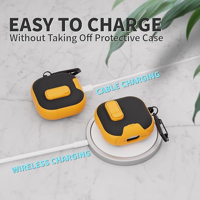 for AirPods 4 Case with Lock,TPU Leather Texture Protective Durability Anti-Lost & Shockproof Protective Cover Accessories with Cleaning Kit in Keychain for Apple AirPods 4 Generation (Yellow/Black)