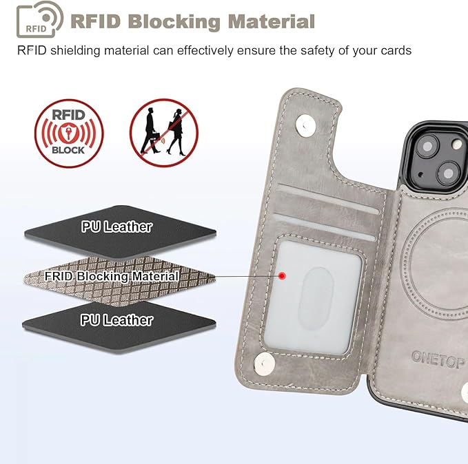 ONETOP Compatible with Magsafe for iPhone 13 Mini Wallet Case with Card Holder, PU Leather Kickstand RFID Blocking Case, Double Magnetic Clasp and Durable Shockproof Cover 5.4 Inch (Grey)