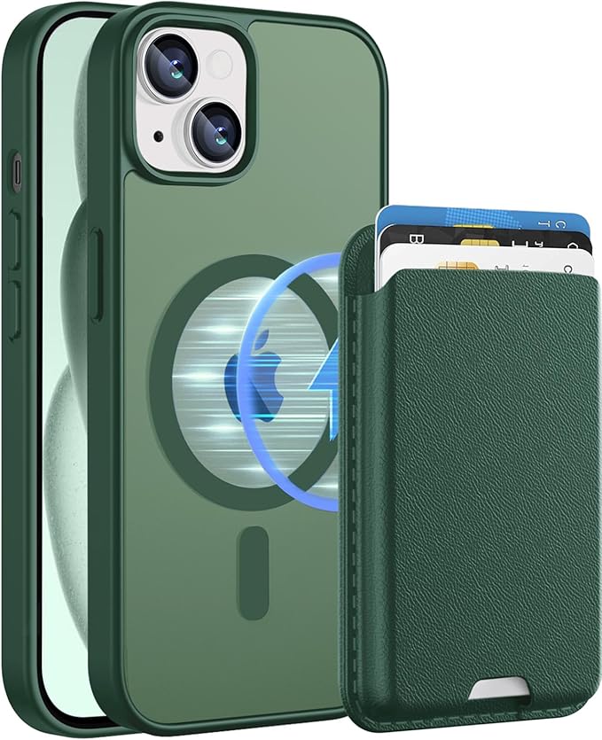 Magnetic for iPhone 15 Plus Case & iPhone 14 Plus Case with Detachable Wallet, Compatible with MagSafe, Military Protective Slim Phone Cover with Card Holder, Green