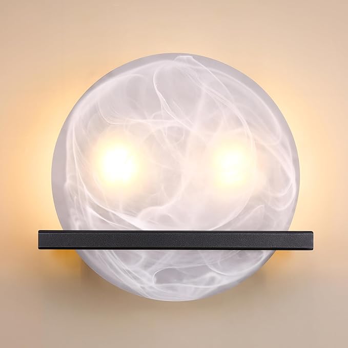 2 Light 10" Round Frosted Glass Bathroom Wall Sconce Modern Concise Style Wall Light Fixture,Black Finish for Bedroom Hallway Bedside