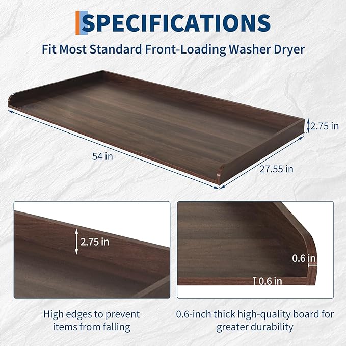 Washer Dryer Countertop with 2.75" h Edge Rails, 54" w x 27.55" d Wooden Laundry Countertop with Non-Slip Pads, Water-Resistant Washer and Dryer Topper for Laundry Room Organization and Storage
