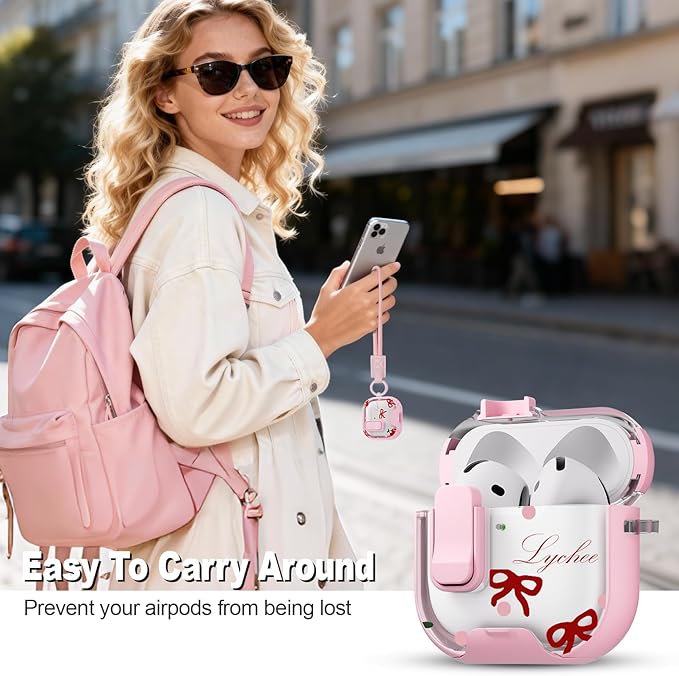 for AirPods 4 Case with Secure Lock Clip in Phone Stand,Floral Girly Style Protective Cover with Cleaning Kit and Hand Strap for Apple AirPod 4 Generation (Pink Bow)