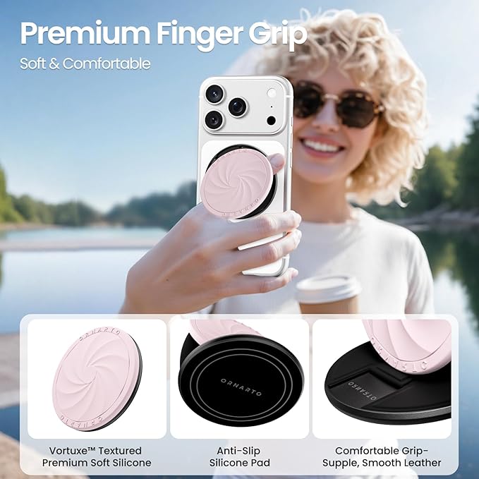 ORNARTO Vortuxe for MagSafe Phone Grip with Kickstand, Soft Liquid Silicone Finger Loop Grip, Phone Ring Holder for Back of Phone, Premium Build & Comfy Touch, Chalk Pink