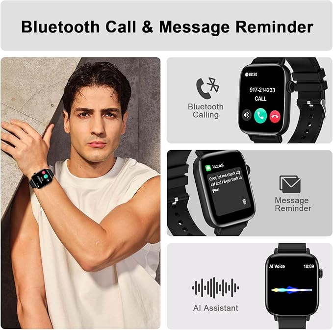 Smart Watch for Android iPhone-Call Receive/Dial/Read Message/AI Control-1.9" HD Screen-IP67 Waterproof Fitness Smartwatch-Blood Pressure/Heart Rate/SpO2/Sleep Monitor（Stone Black）