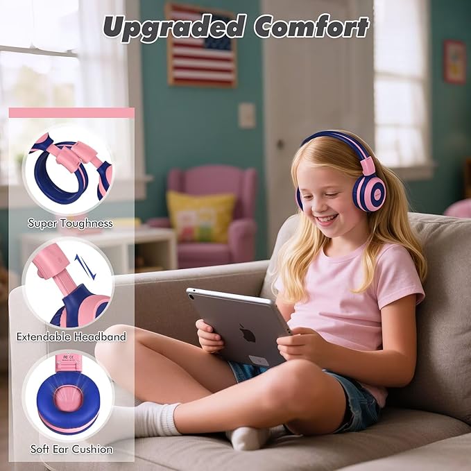 SIMOLIO Kids Headphones Bluetooth 2 Pack with 75dB,85dB,94dB Volume Limit, Wireless Kids Headphone with Mic & Hard Case, Children Headsets with Share Jack for Girls Boys, Toddlers (Pink+Mint)