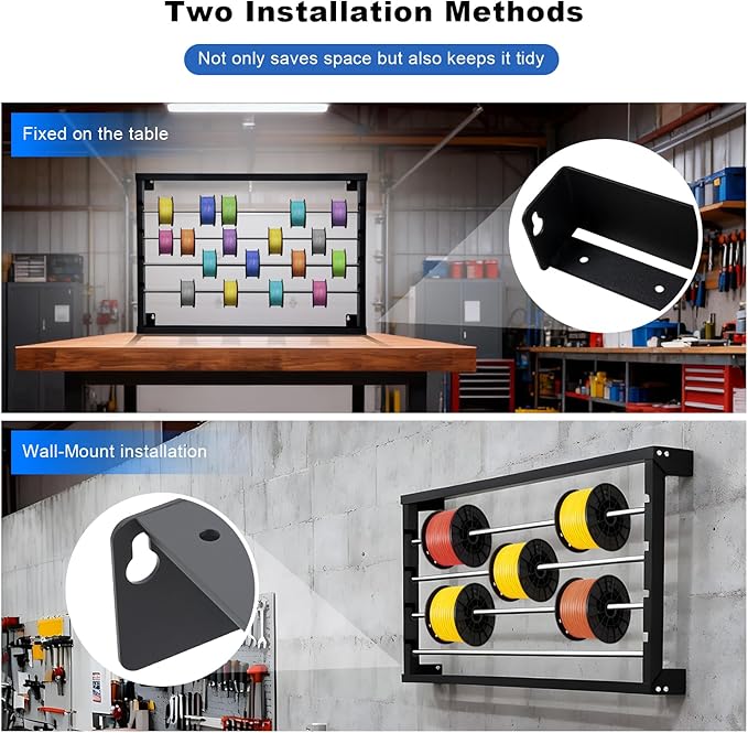 Wire Spool Rack, Heavy Duty Cold-Rolled Steel Cable Dispenser with 4 Adjustable Rods, Wall Mount or Desk Wire Spool Rack Holder for Industrial, Electrical, and Retail Storage and Display