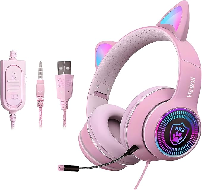 Cat Ear Gaming Headset with Mic RGB LED Light, Flashing Glowing Stereo Headphones, 7.1 Stereo Sound Surround Over-Ear Headset for PC, PS4, PS5, Nintendo Switch,Mobile(Pink)