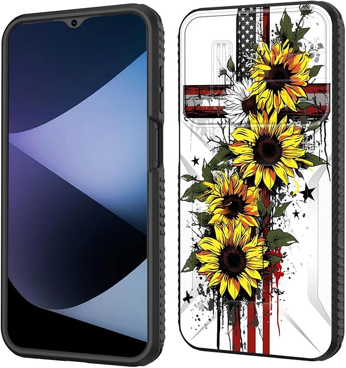 for Galaxy A16 5G Case Built in Slide Camera Lens Cover,Heavy Duty Shockproof Protection Dual Layer Case for Samsung Galaxy A16 5G 6.7" 2024,Cross American Flag Sunflower