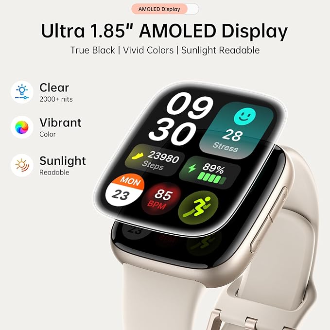 Smart Watch for Women Men, 1.85" HD AMOLED Display, 2 Bands Included, Works with iPhone & Android, 12-Day Battery, 3ATM Waterproof, Bluetooth Call, Health & Fitness Tracker, Beige
