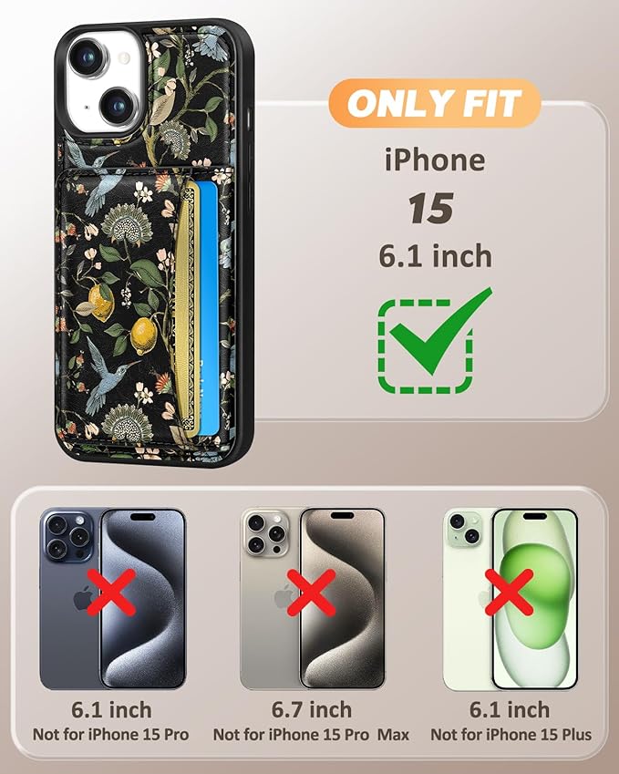 for iPhone 15 Case with Wallet - Fits 4 Card Slots, Compatible with MagSafe for Women Aesthetic Durable PU Leather Credit Card Holder Kickstand Phone Cover for Apple 15, Lemon Bird
