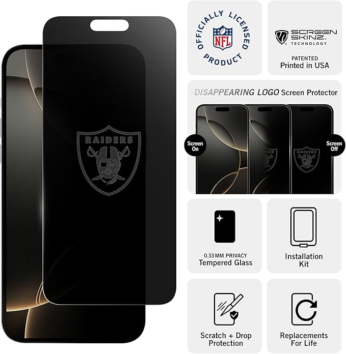 NFL Las Vegas Raiders Privacy Screen Protector for iPhone 15 Pro Max,16 Plus, and 15 Plus - with Disappearing Logo - Scratch-Resistant and Easy-to-Install Screen Protectors w/Installation Tray