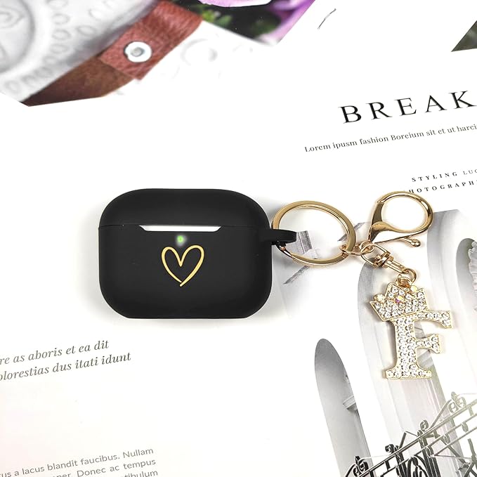 Compatible with AirPods Pro 3 Case Cover (2025), Soft Silicone Case with Gold Heart Pattern for AirPods Pro 3rd Generation Case with Rhinestone Studded Letter A-Z Keychain (F Black)
