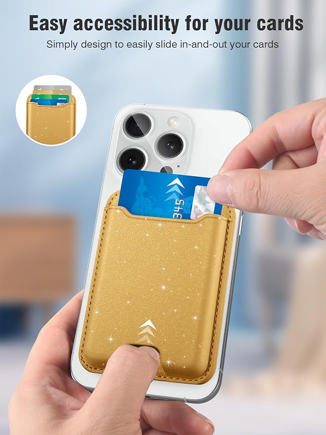 TopMade for Magsafe Wallet, Sparkle Magnetic Card Holder for iPhone 17, 16, 15, 14, 13, 12 Series, Leather RFID Blocking, Fit 4 Cards, Glitter Yellow