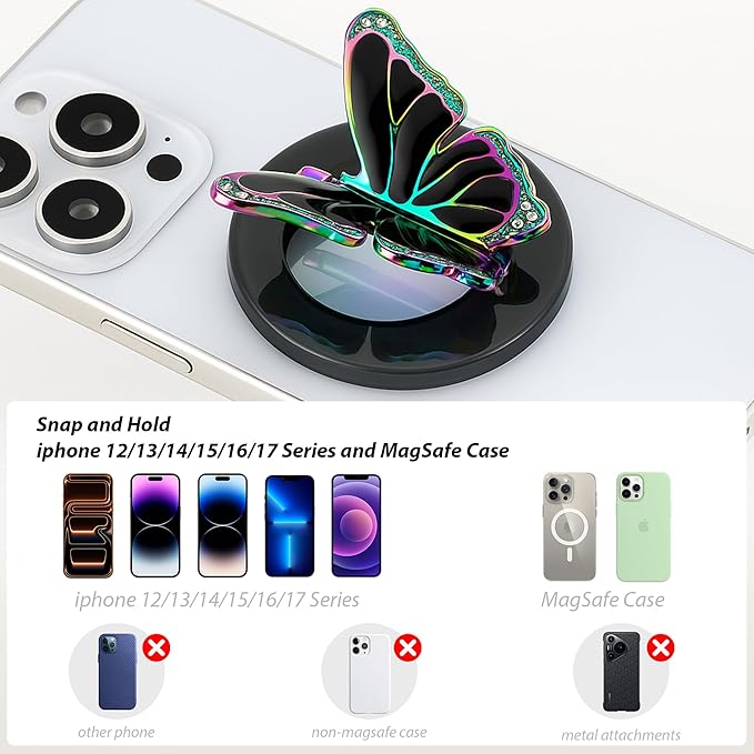 [2026 All-New] for MagSafe Butterfly Phone Grip, Magnetic Butterfly Phone Ring Holder for MagSafe Accessories & iPhone 17 Air 16 Pro Max Plus 15 14 13 12, Glitter Black