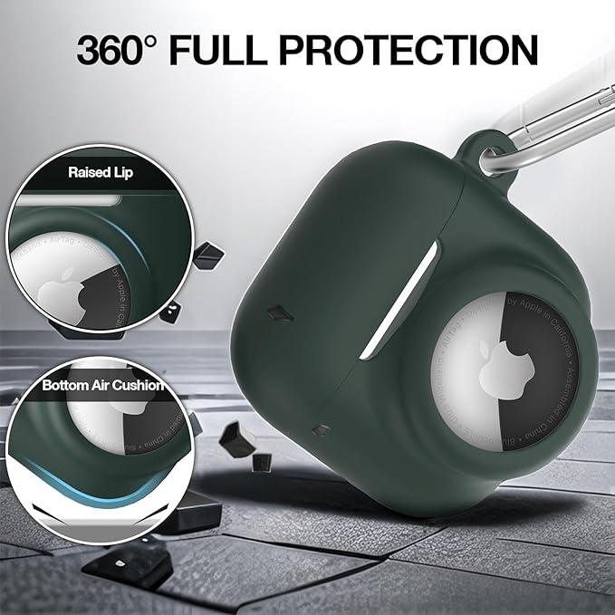 2 in 1 Silicone Case Compatible with AirPod 4 and AirTag 2/1, Shockproof Protective Skin Cover for AirPods 4th Generation with Cleaner Kit & Carabiner (Dark Green)