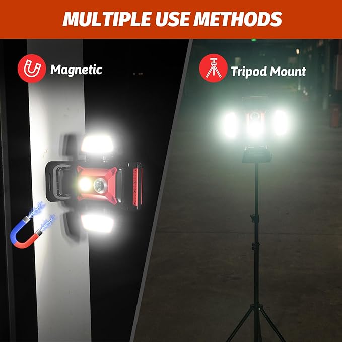 Rechargeable Work Light, 4000LM Magnetic Work Light with Clamp and Tripod Mount, 5 Modes Portable Cordless Flood Light for Outdoor, Construction Site, Workshop, Camping, Car Repairing