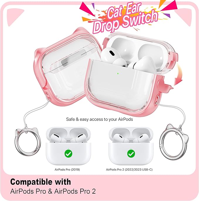 RFUNGUANGO AirPods Pro Case for Women Girly Cat Case with Lock, Phone Stand, Keychain & Cleaner Kit, Compatible with Apple Airpods Pro 2nd/1st Generation Case Cover, Transparent Pink