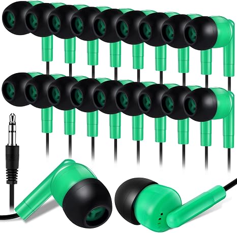 Kanayu 100 Pack Wired Earbuds Bulk for Classroom, 3.5MM No Mic,Green