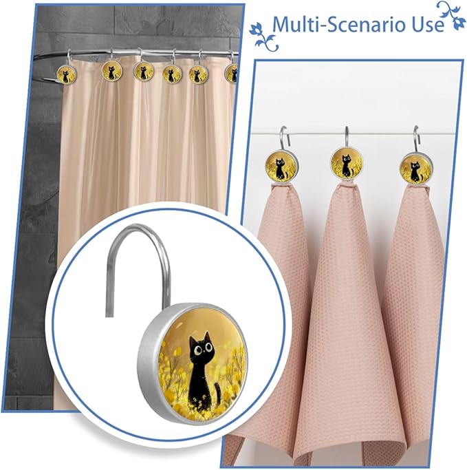 12 Packs Cute Cat in the Flowers Shower Curtain Hooks, Stainless Steel Glass Shower Curtain Rings for Bathroom Decor, Metal Rustproof Curtain Rod Hooks