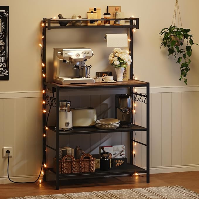 Bakers Rack with Power Outlet, Microwave Stand with Paper Holder, Bakers Rack with Storage, Coffee Bar Station with 6 Hooks, for Kitchen, Dining Room, Rustic Brown and Black BRHR361E01