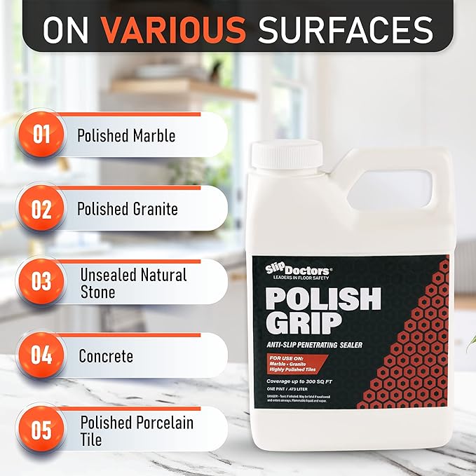 SlipDoctors Polish Grip Non-Slip Floor Coating and Sealant for Highly Polished Marble, Granite and Tiles, Pint, Clear