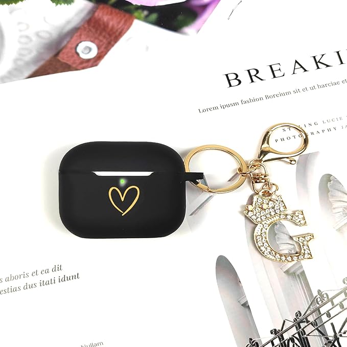 Compatible with AirPods Pro 3 Case Cover (2025), Soft Silicone Case with Gold Heart Pattern for AirPods Pro 3rd Generation Case with Rhinestone Studded Letter A-Z Keychain (G Black)