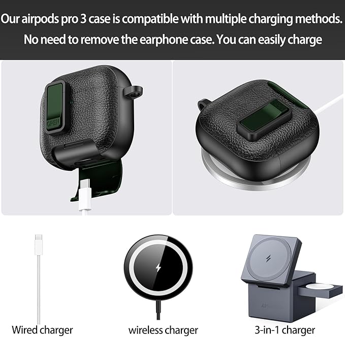 for Leather AirPods Pro 3 Case 2025| Cute Air Pods Pro 3 Case with Lock(Model A2700/A2931) | with Phone Holder & Keychain | Airpods 3 Pro Cases for Man Women(Green Black)