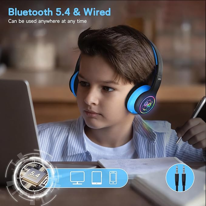 LOBKIN Kids Headphones Bluetooth 5.4,Over Ear Kids Headphones Wireless with Mic 50H Playtime Colorful LED Lights AUX Cord 94dB Safe Volume Limited Foldable Design for Boy Girl Travel/School/iPad