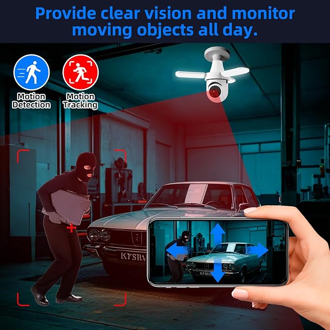TOWODE Light Bulb Security Camer,LED Light Bulb Camera 3MP HD Smart Garage Security Camera with AI Human Detection,Two-Way Audio,Color Night Vision,Compatible with Alexa（with 64G TFcard）