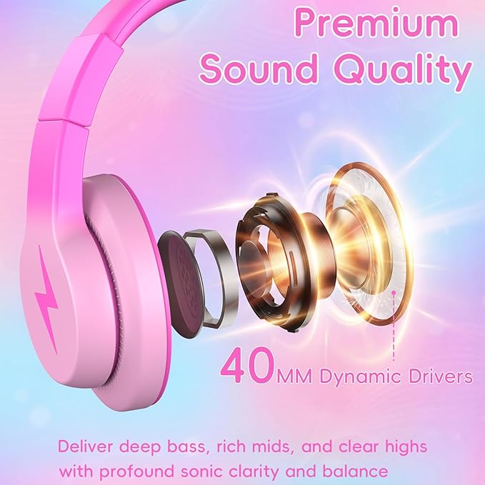 Wired USB C Kids Headphones, 85dB Safe Volume Limit, HD Stereo Sound, Adjustable Headband, Foldable Over-Ear Design for School/Travel/Boys/Girls/iPad/Tablet (Gradient Rose Pink,No Mic)