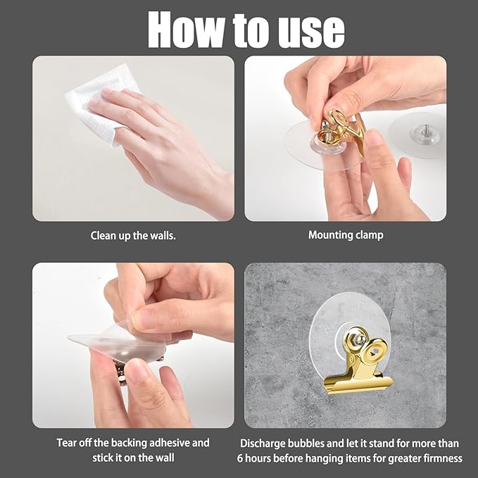 Self Adhesive Metal Clips, 12 Pcs Upgrade Strong Self-Adhesive Clips for Hanging and Organization, Spring Clip for Paper Poster Tapestry Photo Wall Teacher Student Home Kitchen Office, Golden