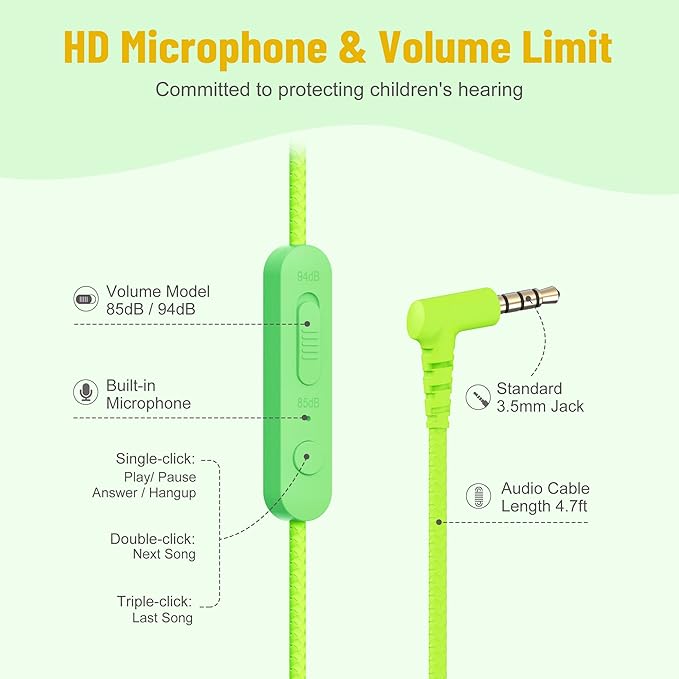 rockpapa Share 1 Kids Headphones Wired with Microphone & Share Port, 85dB/94dB Volume Limited, Cute Foldable Student Child Boys Girls Headphones for School/Classroom/Travel Green/Yellow