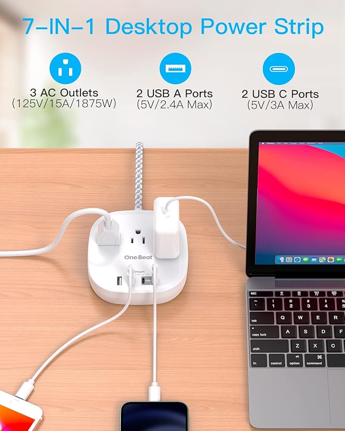 Flat Plug Power Strip, Flat Extension Cord 3 Ft - 3 Outlets 4 USB Ports (2 USB C) 22.5W/4.5A Desktop Charging Station, Power Strip No Surge Protection for Cruise Ship, Dorm Room Travel Essentials