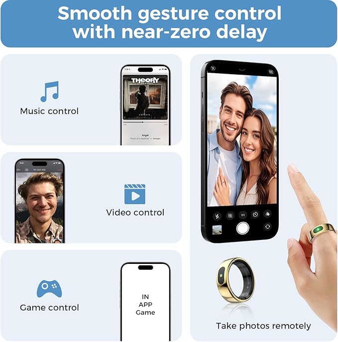 Smart Ring with Instant Notification Alerts & Gesture Control - Sleep Tracker Ring, Fitness Ring for Steps & Heart Rate, IP68 Waterproof (Gold, 7)