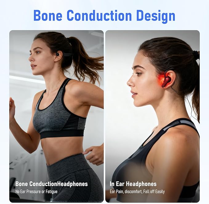 Bone Conduction Open Ear Headphones Bluetooth 6.0-10H Playtime Wireless Headset with Mic,IP65 Sweatproof Sport Earphones for Workout,Hiking,Running - Black