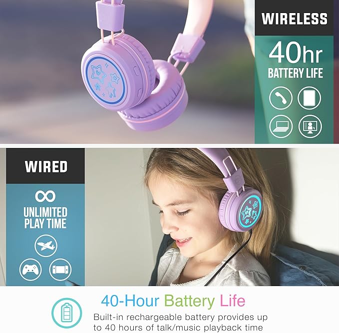 MEE audio KidJamz KJ55BT Personalized Bluetooth Wireless Safe Listening Headphones for Kids w/Custom LED-Backlit Design, Volume Limiter, Mic; Kids Headset for School/iPhone/iPad/Tablet (Lavender)