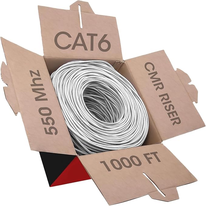 Big-A - Bulk Cat6 Cable 1000ft 23AWG Solid 4 Pair, Cat 6 Ethernet Cable Unshielded Twisted Pair (UTP), (CMR) 550MHz Internet Cable, Pull Box - White