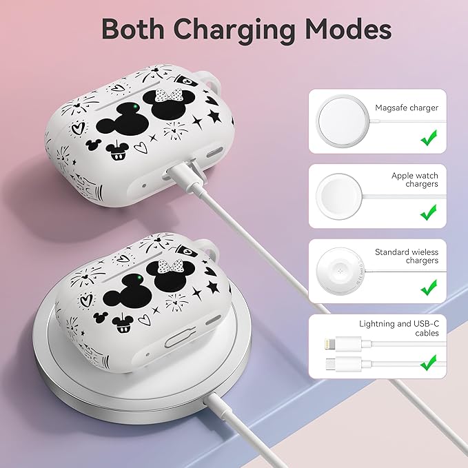 Compatible with Airpods Pro 2nd/1st Generation Case Cover with Keychain, Women Men Soft Silicone Two-Tone Cute Cartoon Engraved Convenience Protective Case, Front LED Visible White/Black