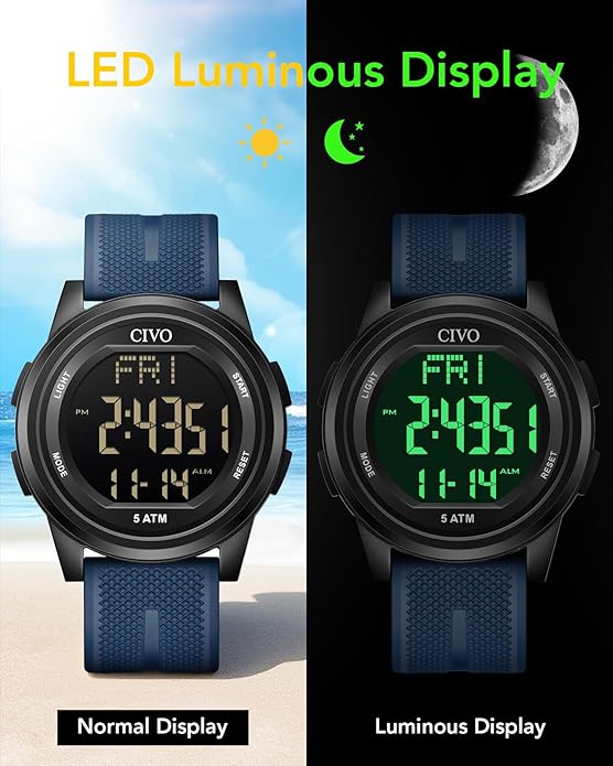 CIVO Digital Watches for Men Women: Sports Waterproof Wristwatch with Stopwatch Alarm Date - LED Backlight Big Numbers Silicone Watch for Outdoor Camping Running Cycling