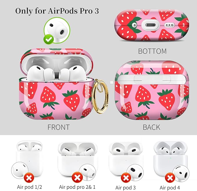 Case for AirPod Pro 3 Shock-Proof Protective Hard Case with Golden Keychain Compatible with Apple Airpods Pro 3rd Generation 2025 (Cute Pink Strawberry)