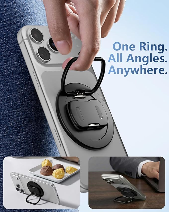 SEMBO Magnetic Phone Ring Holder with Kickstand for MagSafe, Two-Sided Magnet, 360° Rotation Comfortable Flip Out Silicone Plate Finger Grip Gym Accessories for iPhone 17 Pro Max 16 15 14 13 12(Black)