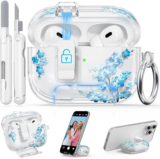 for AirPods Pro 2 Case Cute with Lock, Soft Clear Floral Case Cover for Apple AirPods Pro 2nd/1st Generation for Women Girly with Keychain Ring, with Phone Stand & Cleaning Kit -Blue Flower