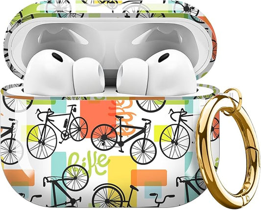 Compatible with AirPods Pro 3 Case 2025 for Women Girls – Cute Shockproof Protective Cover with Gold Round Buckle, Anti-Drop Soft Case for AirPod Pro 3rd Gen (Retro Biking)