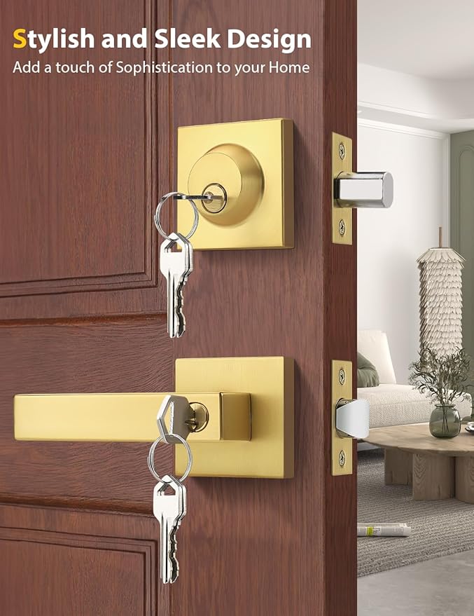 6 Pack Brushed Gold Keyed Alike Front/Exterior Door Lever with Single Cylinder Deadbolt, Satin Brass Entry Door Knob Lock Set Combo Sets, for Entrance/Front and Office Doors