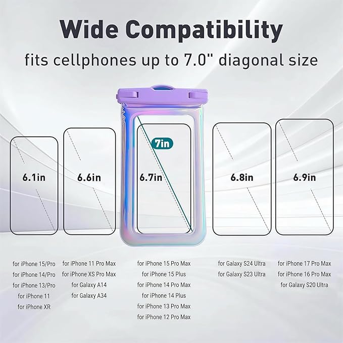 Floatable Waterproof Phone Pouch Case 2 pcs for iPhone 17 16 Pro Max/15/14, IP68 Travel Cellphone Dry Bag Beach Cruise Ship Essential Bag with Crossbody Lanyard, Iridescent Blue and Purple-7″